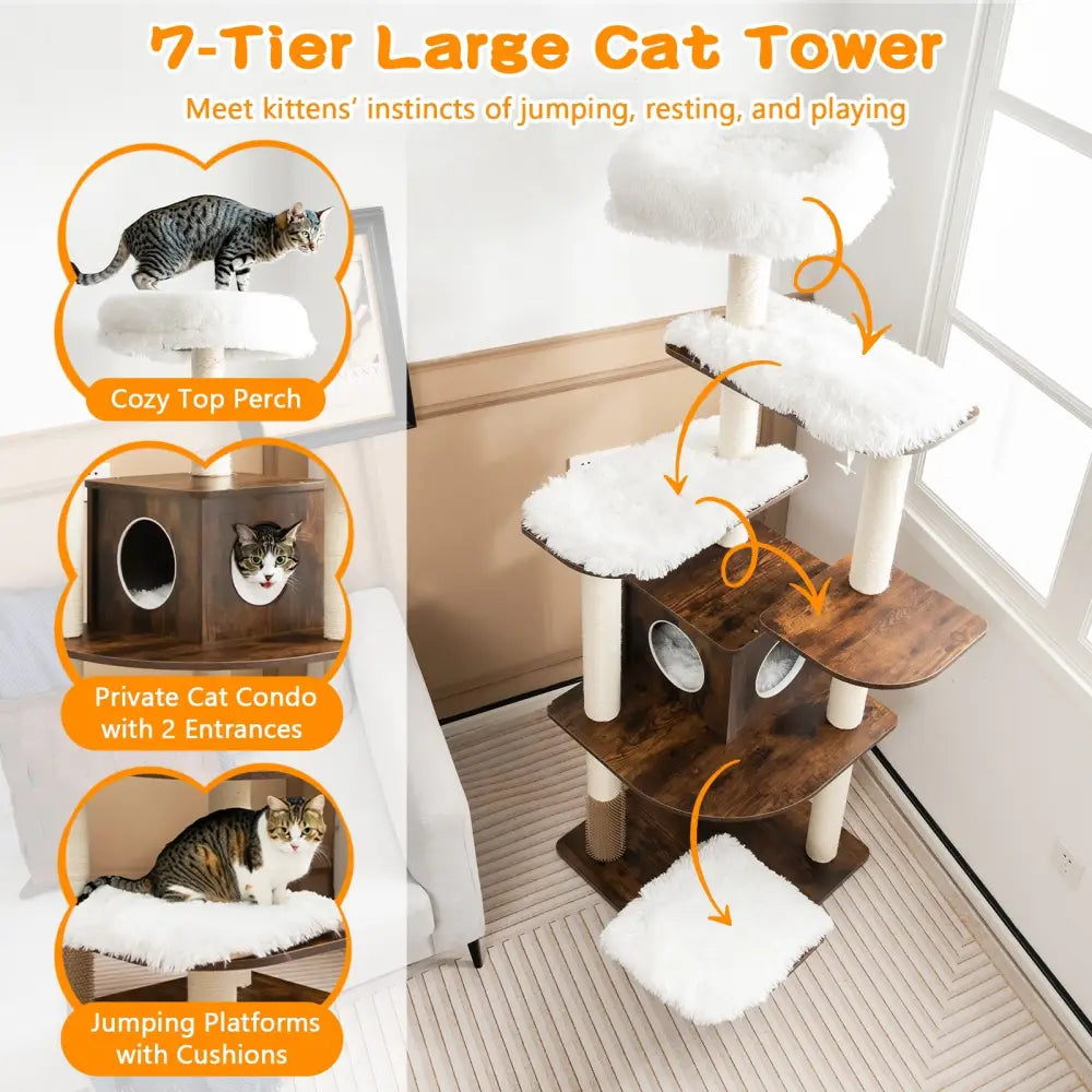 7-Layer Wooden Cat Tree Tall Cat Tower with Sisal Posts and Condo-Brown - Brown - Cat Trees Condos & Scratchers