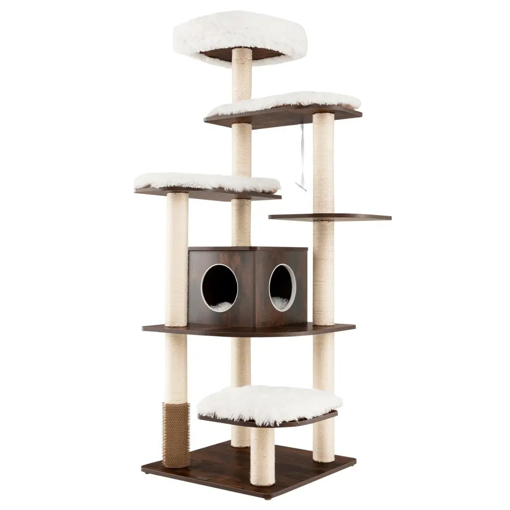 7-Layer Wooden Cat Tree Tall Cat Tower with Sisal Posts and Condo-Brown - Brown - Cat Trees Condos & Scratchers