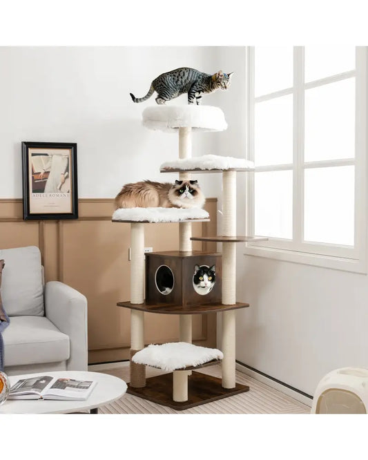 7-Layer Wooden Cat Tree Tall Cat Tower with Sisal Posts and Condo-Brown - Brown - Cat Trees Condos & Scratchers