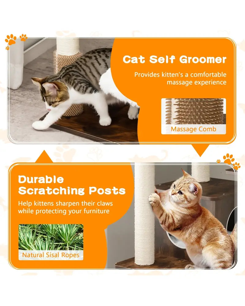 7-Layer Wooden Cat Tree Tall Cat Tower with Sisal Posts and Condo-Brown - Brown - Cat Trees Condos & Scratchers