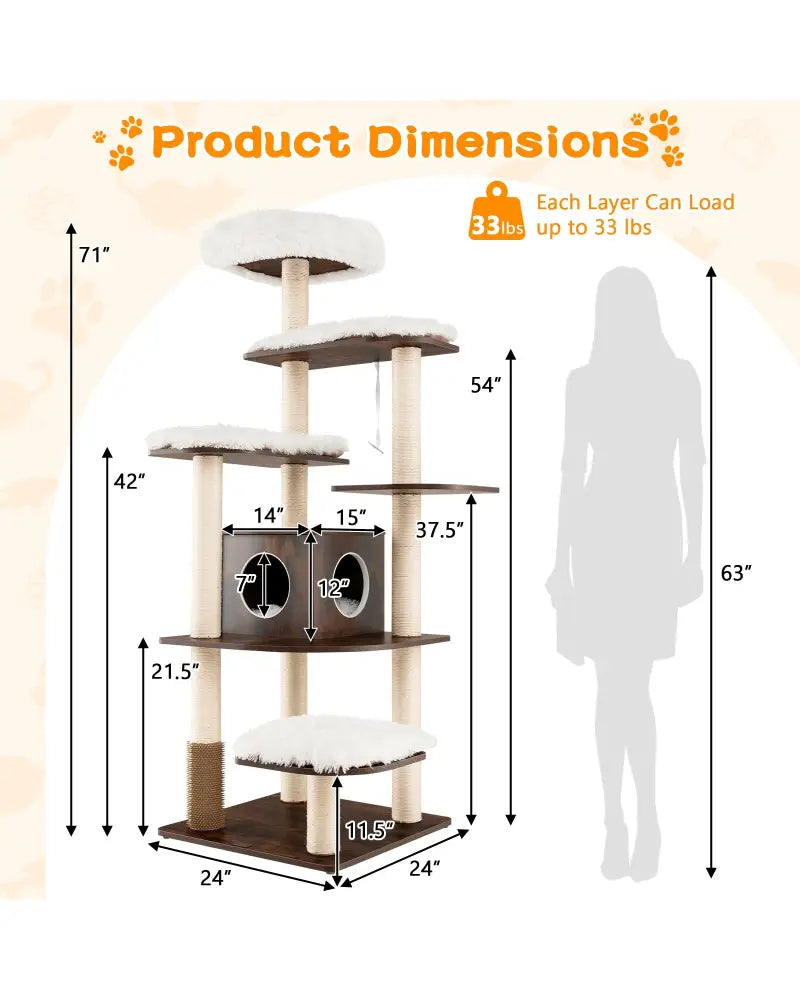 7-Layer Wooden Cat Tree Tall Cat Tower with Sisal Posts and Condo-Brown - Brown - Cat Trees Condos & Scratchers