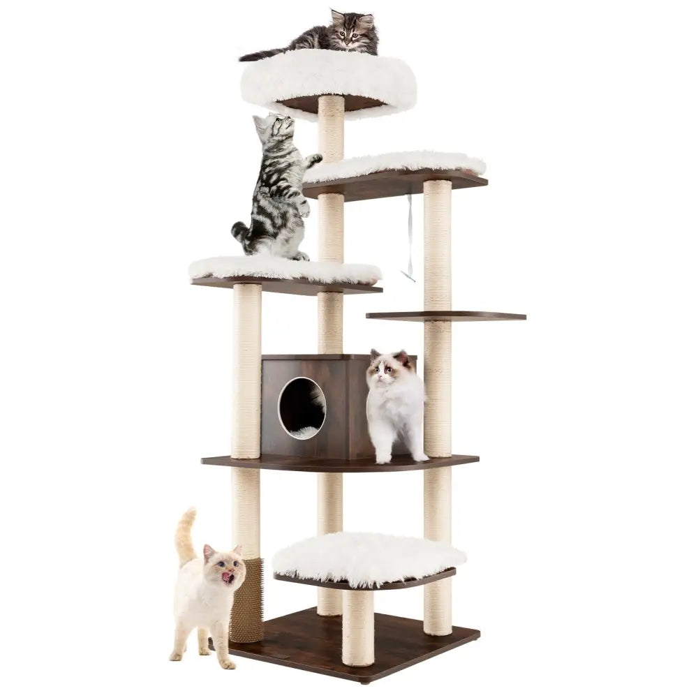 7-Layer Wooden Cat Tree Tall Cat Tower with Sisal Posts and Condo-Brown - Brown - Cat Trees Condos & Scratchers