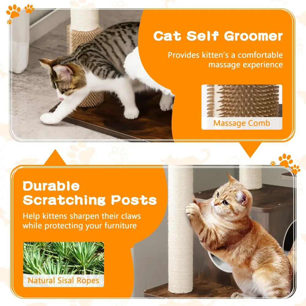 7-Layer Wooden Cat Tree Tall Cat Tower with Sisal Posts and Condo-Brown - Brown - Cat Trees Condos & Scratchers