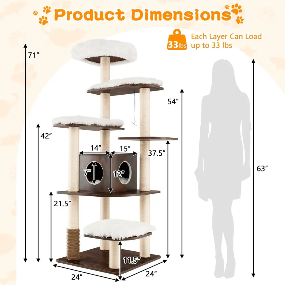 7-Layer Wooden Cat Tree Tall Cat Tower with Sisal Posts and Condo-Brown - Brown - Cat Trees Condos & Scratchers