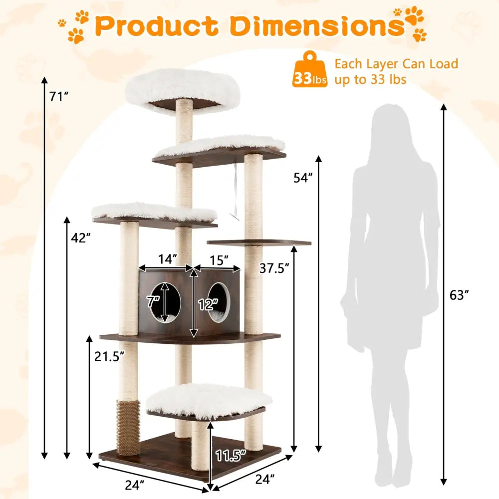 7-Layer Wooden Cat Tree Tall Cat Tower with Sisal Posts and Condo-Brown - Brown - Cat Trees Condos & Scratchers