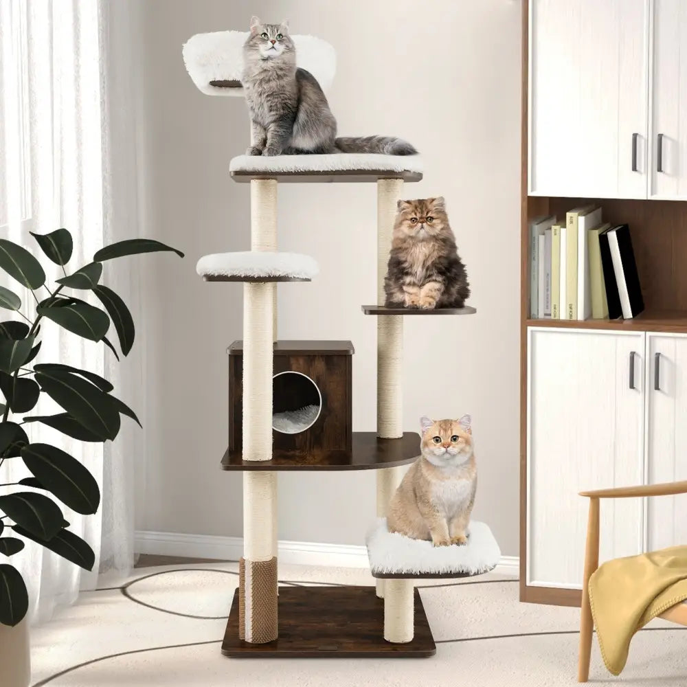 7-Layer Wooden Cat Tree Tall Cat Tower with Sisal Posts and Condo-Brown - Brown - Cat Trees Condos & Scratchers