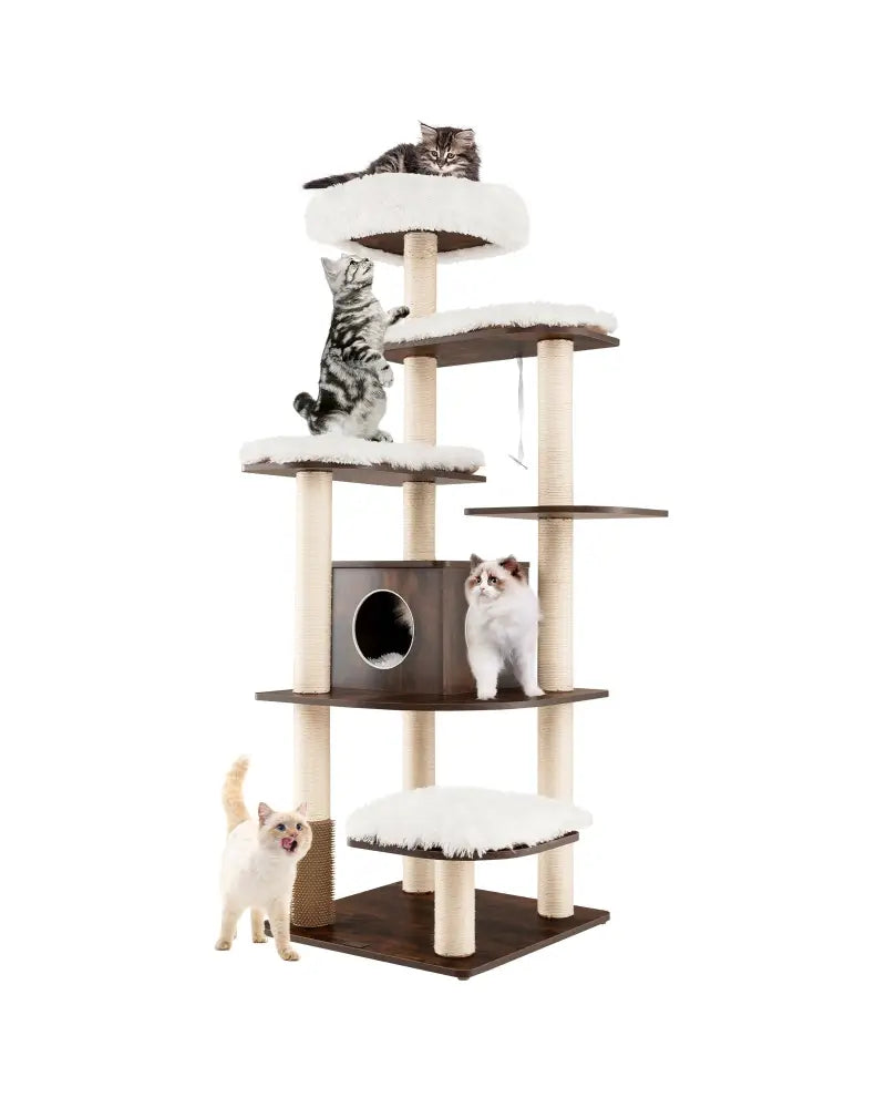 7-Layer Wooden Cat Tree Tall Cat Tower with Sisal Posts and Condo-Brown - Brown - Cat Trees Condos & Scratchers