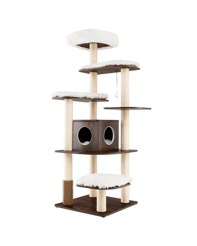 7-Layer Wooden Cat Tree Tall Cat Tower with Sisal Posts and Condo-Brown - Brown - Cat Trees Condos & Scratchers