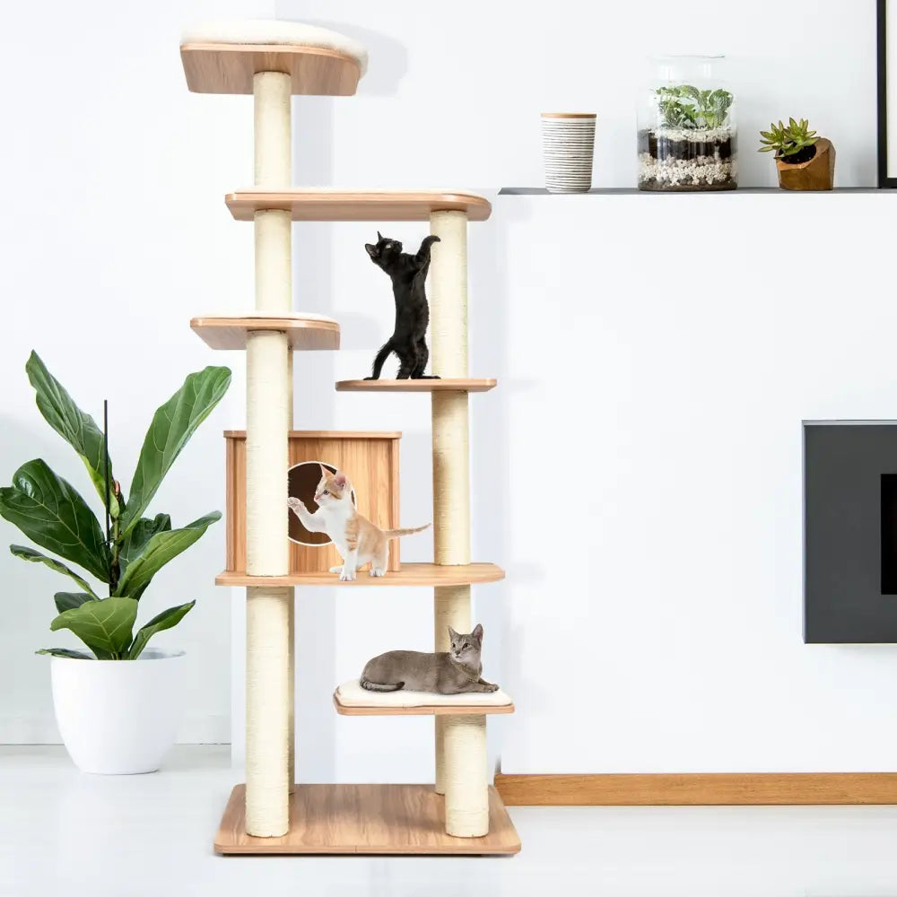 7-Layer Wooden Cat Tree Tall Cat Tower with Sisal Posts and Condo-Natural - Natural - Cat Trees Condos & Scratchers