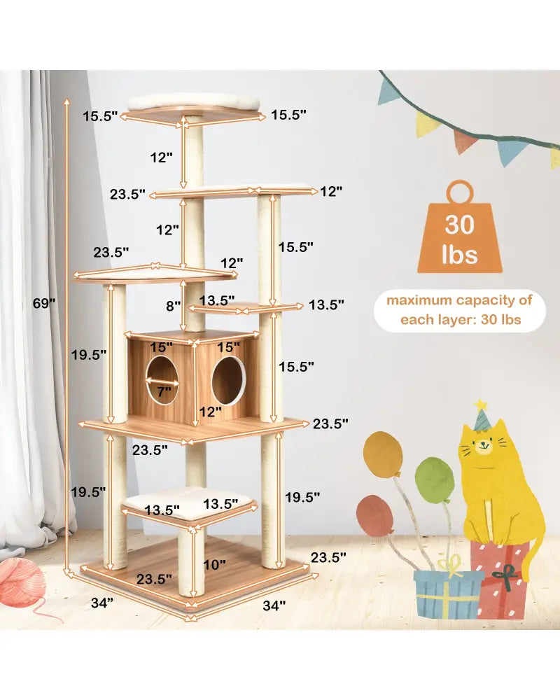 7-Layer Wooden Cat Tree Tall Cat Tower with Sisal Posts and Condo-Natural - Natural - Cat Trees Condos & Scratchers