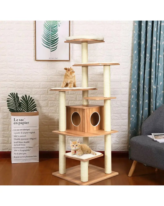 7-Layer Wooden Cat Tree Tall Cat Tower with Sisal Posts and Condo-Natural - Natural - Cat Trees Condos & Scratchers