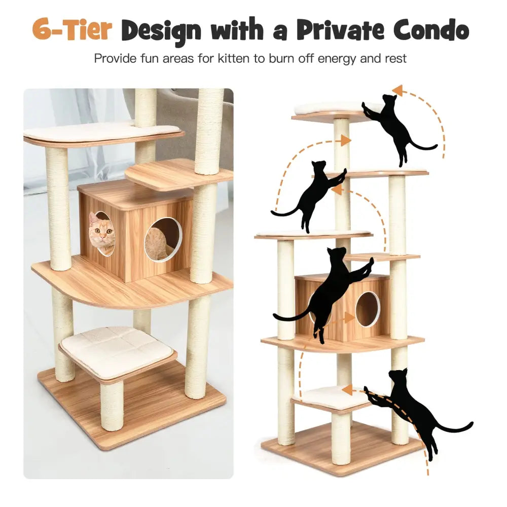 7-Layer Wooden Cat Tree Tall Cat Tower with Sisal Posts and Condo-Natural - Natural - Cat Trees Condos & Scratchers