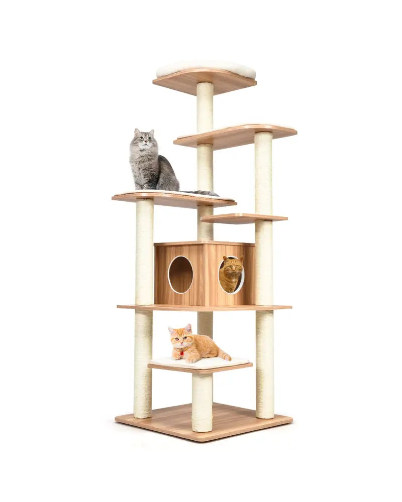7-Layer Wooden Cat Tree Tall Cat Tower with Sisal Posts and Condo-Natural - Natural - Cat Trees Condos & Scratchers