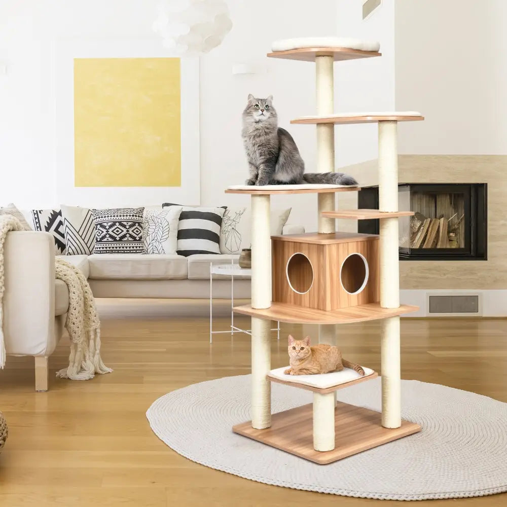 7-Layer Wooden Cat Tree Tall Cat Tower with Sisal Posts and Condo-Natural - Natural - Cat Trees Condos & Scratchers