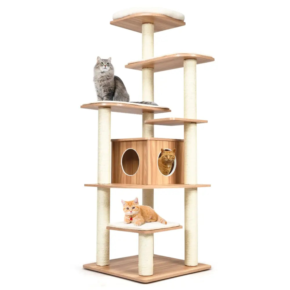 7-Layer Wooden Cat Tree Tall Cat Tower with Sisal Posts and Condo-Natural - Natural - Cat Trees Condos & Scratchers