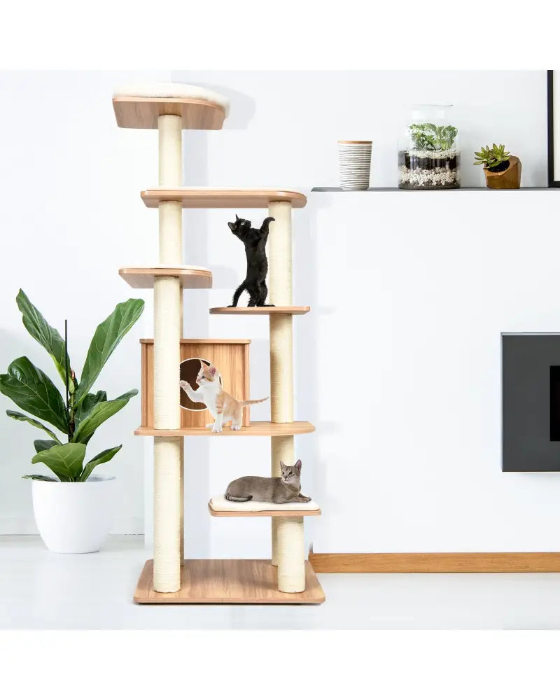7-Layer Wooden Cat Tree Tall Cat Tower with Sisal Posts and Condo-Natural - Natural - Cat Trees Condos & Scratchers