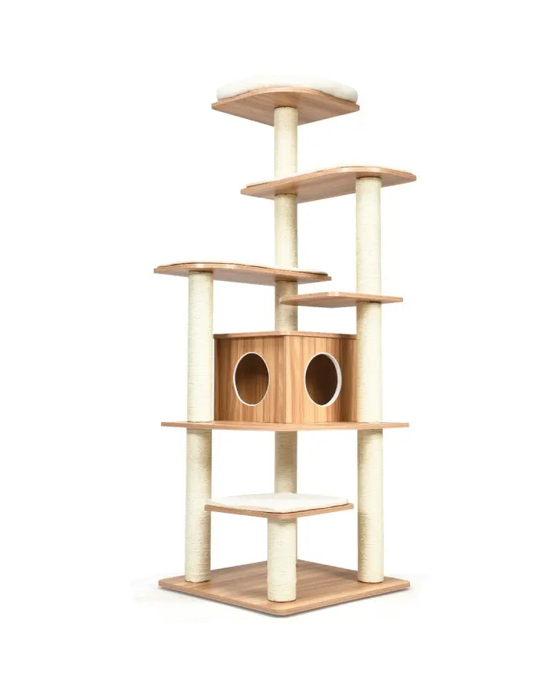 7-Layer Wooden Cat Tree Tall Cat Tower with Sisal Posts and Condo-Natural - Natural - Cat Trees Condos & Scratchers