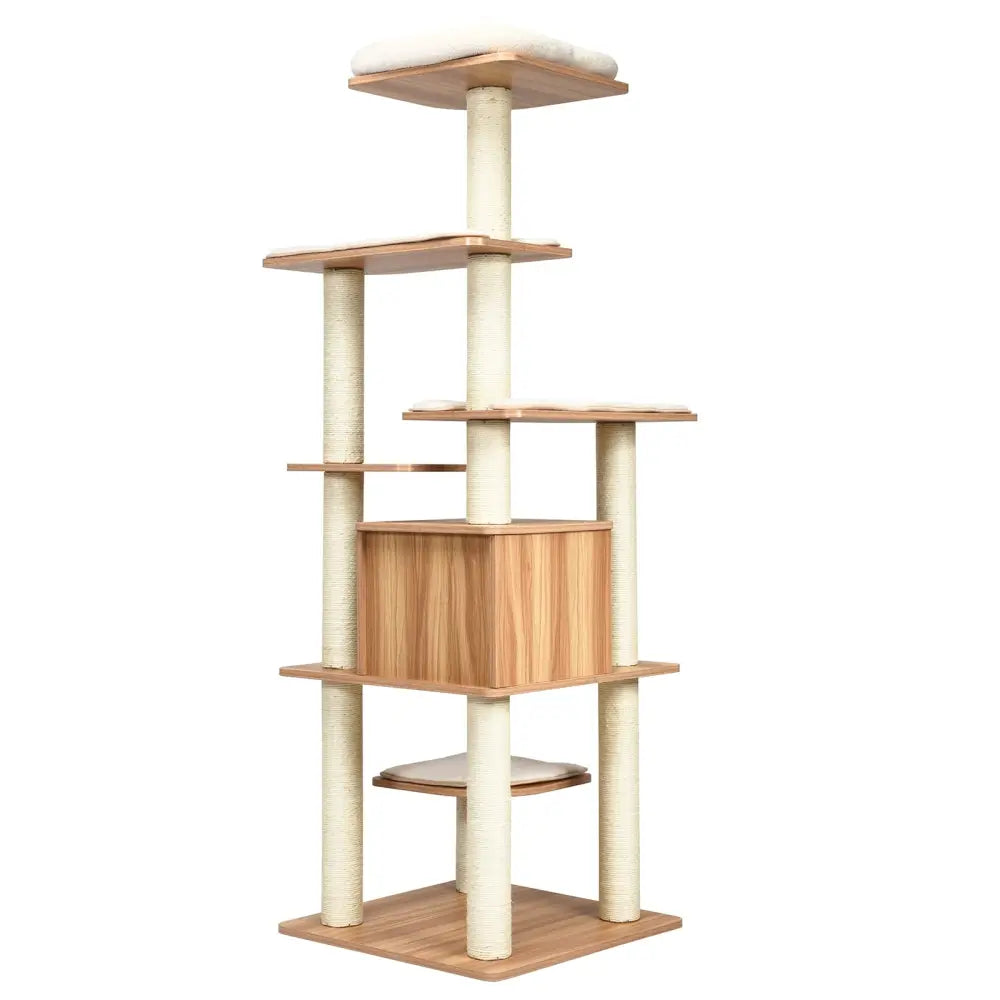 7-Layer Wooden Cat Tree Tall Cat Tower with Sisal Posts and Condo-Natural - Natural - Cat Trees Condos & Scratchers