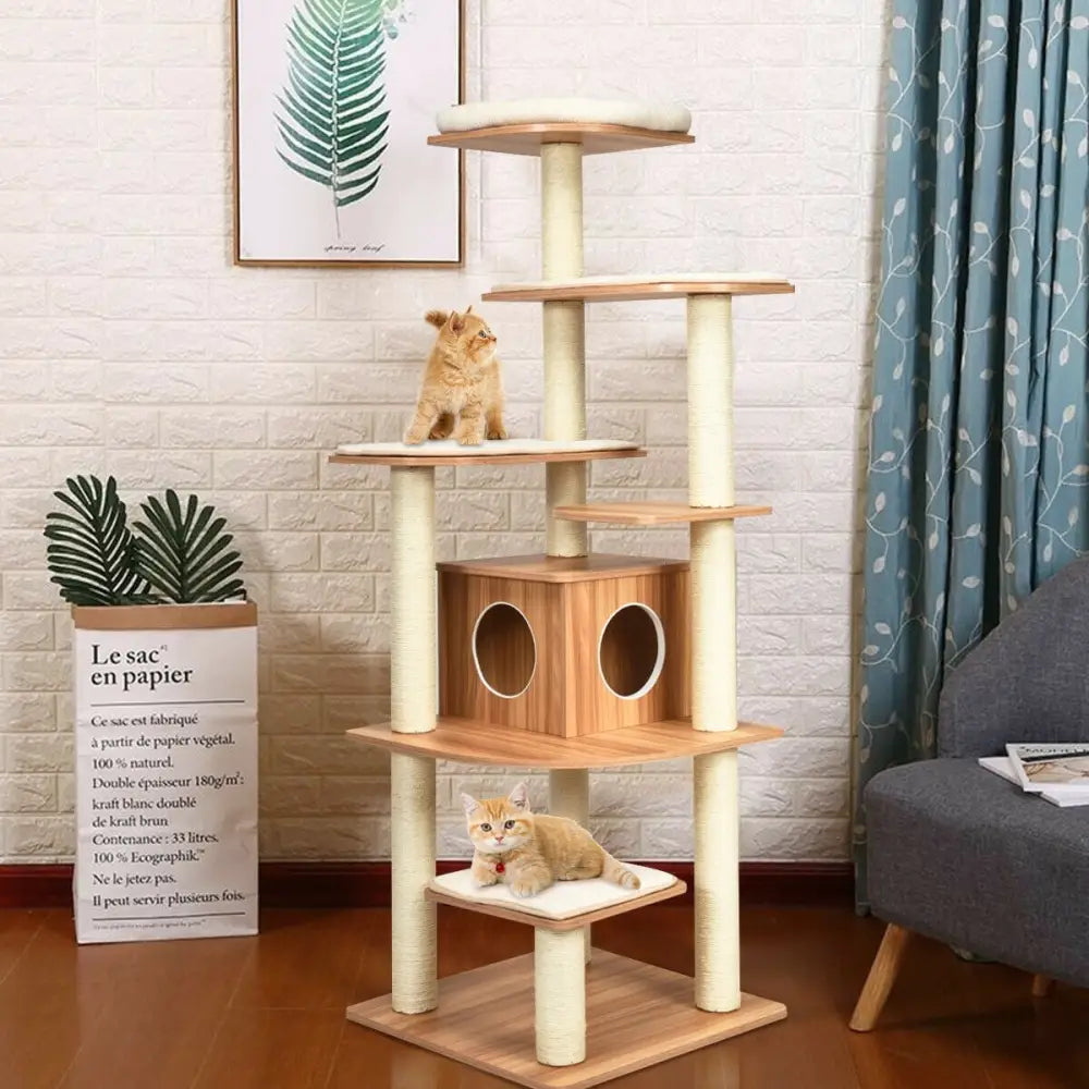 7-Layer Wooden Cat Tree Tall Cat Tower with Sisal Posts and Condo-Natural - Natural - Cat Trees Condos & Scratchers