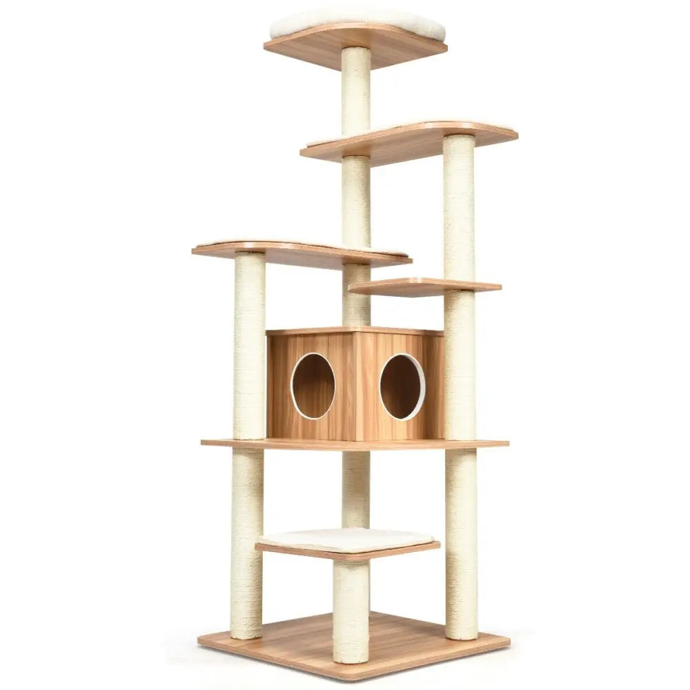 7-Layer Wooden Cat Tree Tall Cat Tower with Sisal Posts and Condo-Natural - Natural - Cat Trees Condos & Scratchers