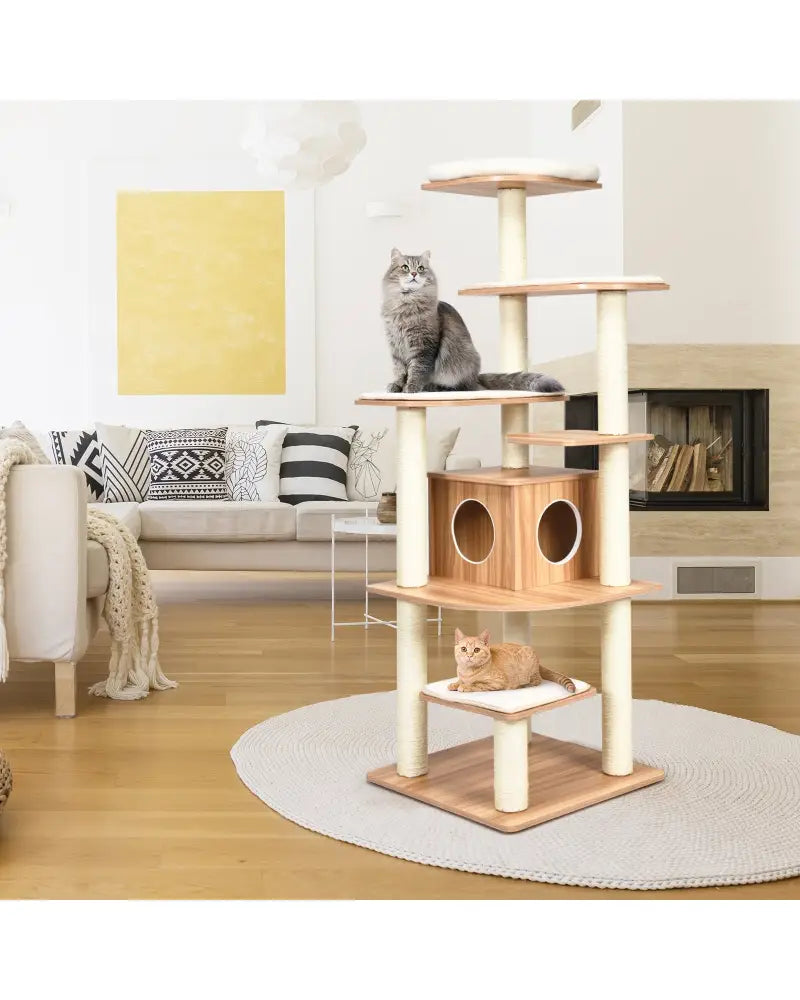 7-Layer Wooden Cat Tree Tall Cat Tower with Sisal Posts and Condo-Natural - Natural - Cat Trees Condos & Scratchers