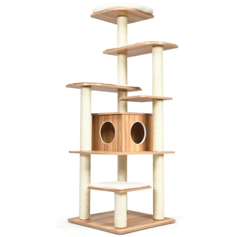 7-Layer Wooden Cat Tree Tall Cat Tower with Sisal Posts and Condo-Natural - Natural - Cat Trees Condos & Scratchers