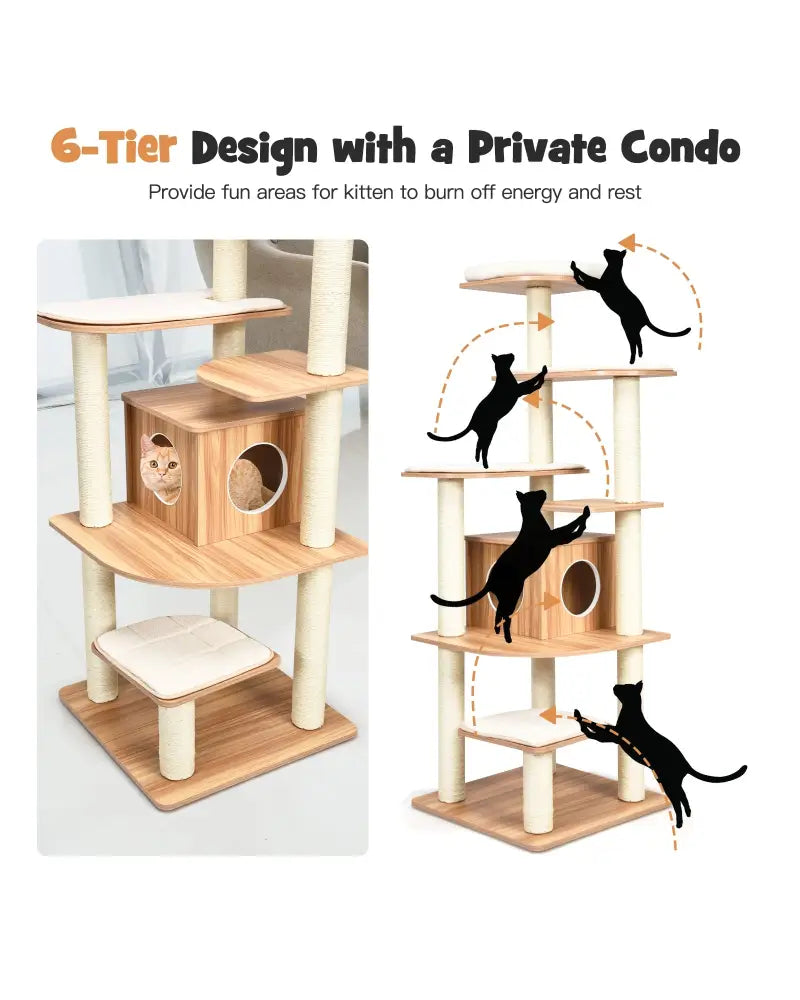 7-Layer Wooden Cat Tree Tall Cat Tower with Sisal Posts and Condo-Natural - Natural - Cat Trees Condos & Scratchers