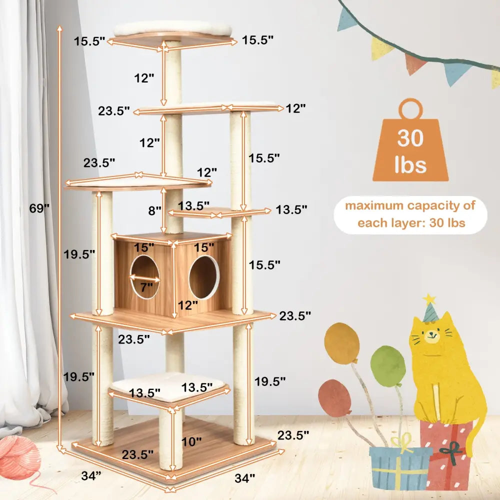 7-Layer Wooden Cat Tree Tall Cat Tower with Sisal Posts and Condo-Natural - Natural - Cat Trees Condos & Scratchers