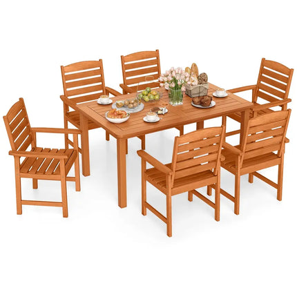 7 Pcs Outdoor Dining Set Teak Oil Finish Slatted Rectangular Dining Table and 6 Armchairs - Natural - Patio