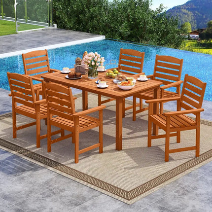 7 Pcs Outdoor Dining Set Teak Oil Finish Slatted Rectangular Dining Table and 6 Armchairs - Natural - Patio