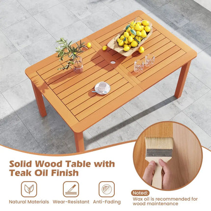 7 Pcs Outdoor Dining Set Teak Oil Finish Slatted Rectangular Dining Table and 6 Armchairs - Natural - Patio