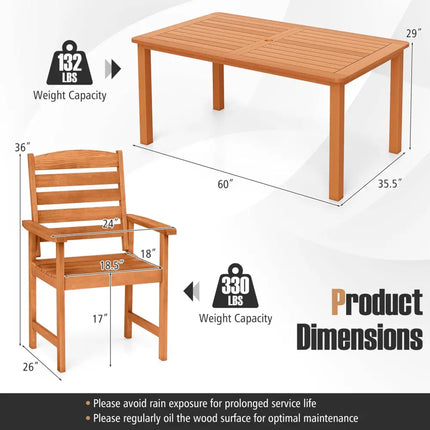 7 Pcs Outdoor Dining Set Teak Oil Finish Slatted Rectangular Dining Table and 6 Armchairs - Natural - Patio