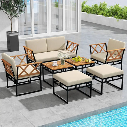 7 Piece Outdoor Conversation Set with Cushions and Bungee Rope Seat-Beige - Beige - Patio Conversation Sets