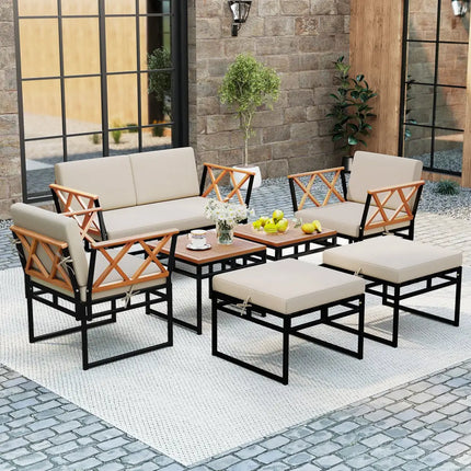 7 Piece Outdoor Conversation Set with Cushions and Bungee Rope Seat-Beige - Beige - Patio Conversation Sets