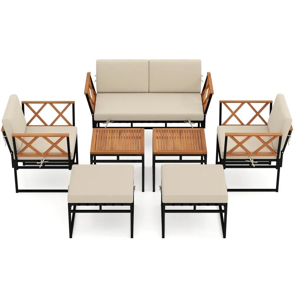 7 Piece Outdoor Conversation Set with Cushions and Bungee Rope Seat-Beige - Beige - Patio Conversation Sets