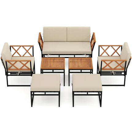 7 Piece Outdoor Conversation Set with Cushions and Bungee Rope Seat-Beige - Beige - Patio Conversation Sets