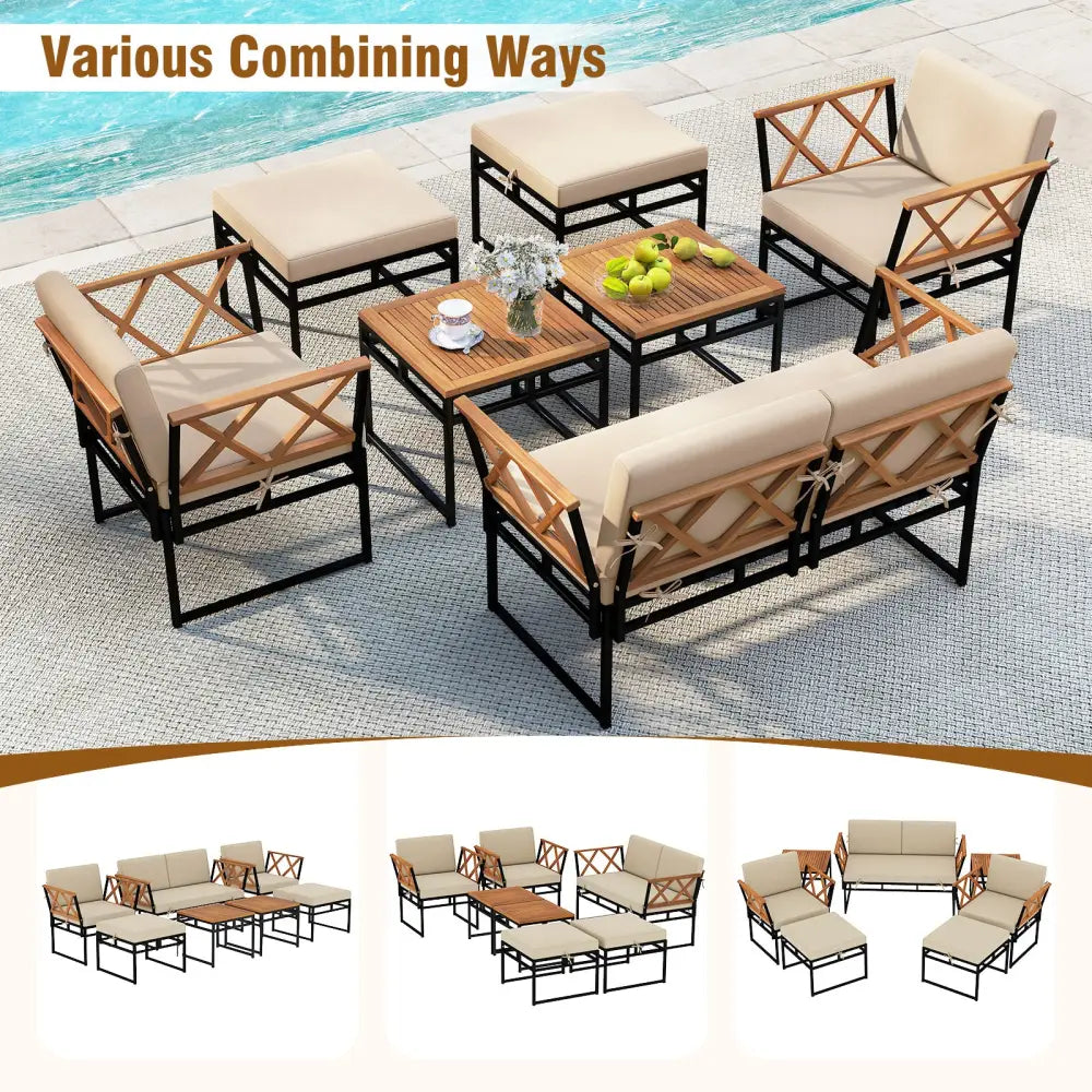 7 Piece Outdoor Conversation Set with Cushions and Bungee Rope Seat-Beige - Beige - Patio Conversation Sets