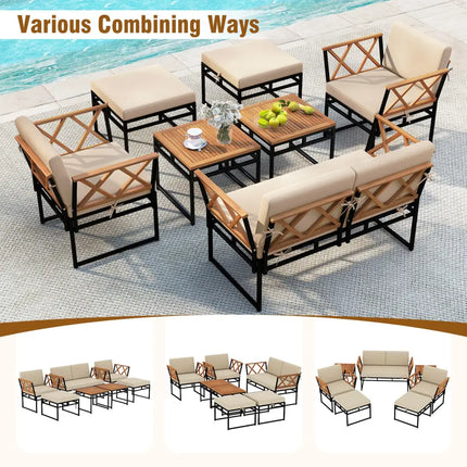 7 Piece Outdoor Conversation Set with Cushions and Bungee Rope Seat-Beige - Beige - Patio Conversation Sets