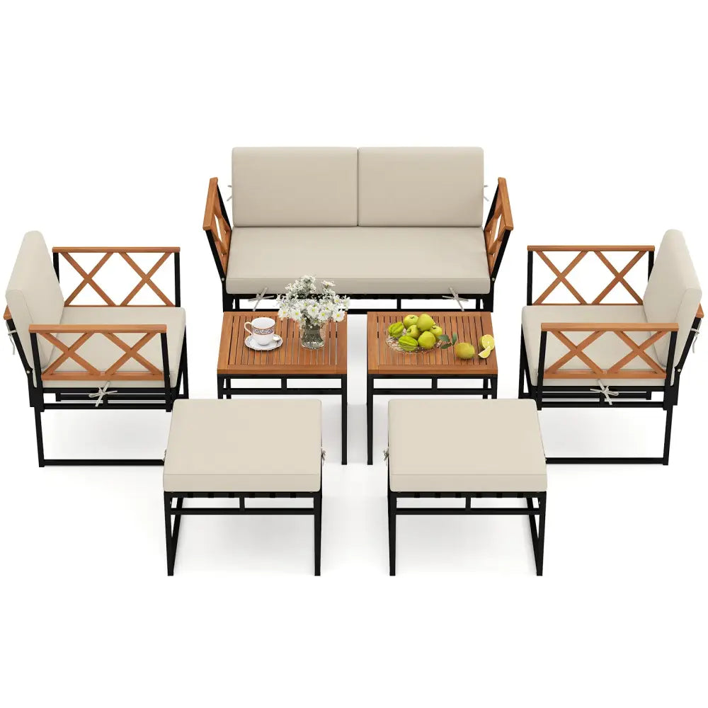 7 Piece Outdoor Conversation Set with Cushions and Bungee Rope Seat-Beige - Beige - Patio Conversation Sets