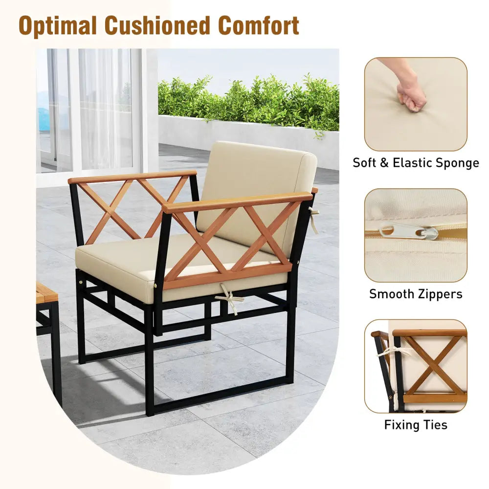 7 Piece Outdoor Conversation Set with Cushions and Bungee Rope Seat-Beige - Beige - Patio Conversation Sets