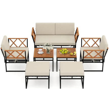 7 Piece Outdoor Conversation Set with Cushions and Bungee Rope Seat-Beige - Beige - Patio Conversation Sets