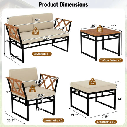 7 Piece Outdoor Conversation Set with Cushions and Bungee Rope Seat-Beige - Beige - Patio Conversation Sets