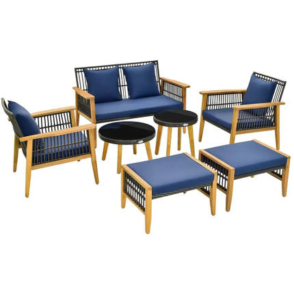 7 Piece Outdoor Conversation Set with Stable Acacia Wood Frame Cozy Seat & Back Cushions-Navy - Navy - Patio