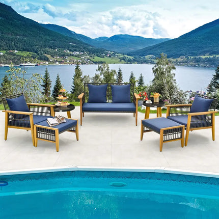 7 Piece Outdoor Conversation Set with Stable Acacia Wood Frame Cozy Seat & Back Cushions-Navy - Navy - Patio
