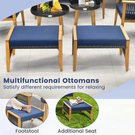 7 Piece Outdoor Conversation Set with Stable Acacia Wood Frame Cozy Seat & Back Cushions-Navy - Navy - Patio