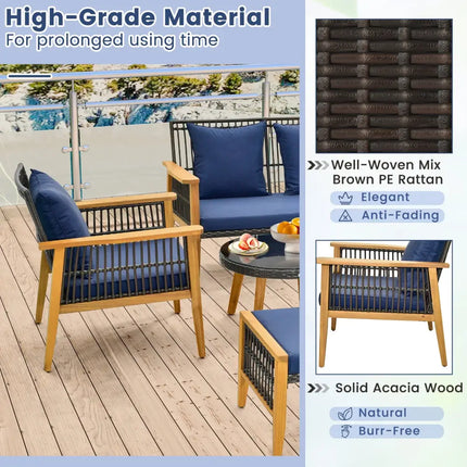 7 Piece Outdoor Conversation Set with Stable Acacia Wood Frame Cozy Seat & Back Cushions-Navy - Navy - Patio