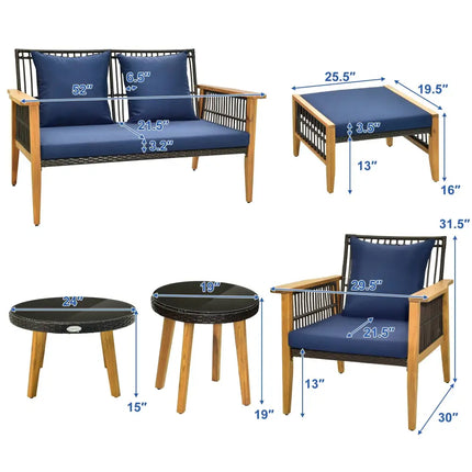 7 Piece Outdoor Conversation Set with Stable Acacia Wood Frame Cozy Seat & Back Cushions-Navy - Navy - Patio
