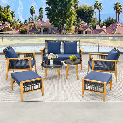 7 Piece Outdoor Conversation Set with Stable Acacia Wood Frame Cozy Seat & Back Cushions-Navy - Navy - Patio