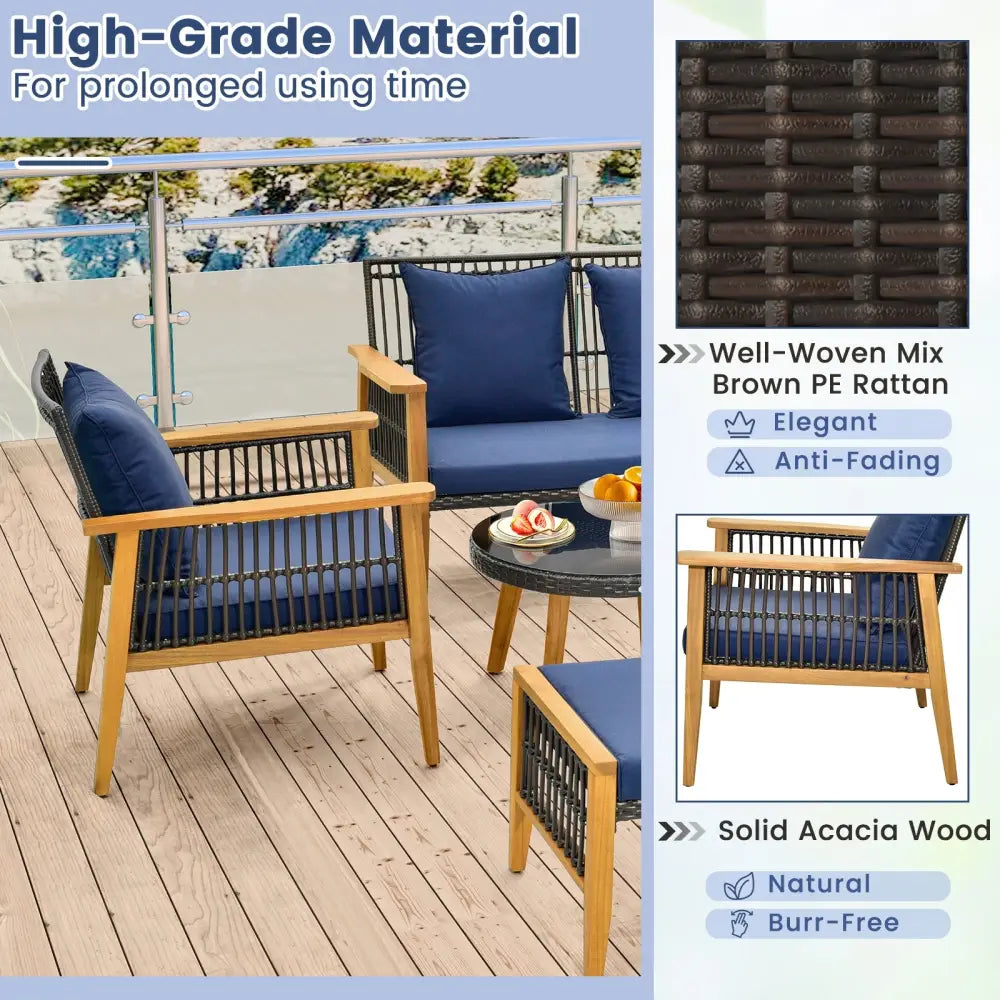 7 Piece Outdoor Conversation Set with Stable Acacia Wood Frame Cozy Seat & Back Cushions-Navy - Navy - Patio