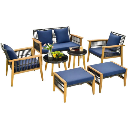 7 Piece Outdoor Conversation Set with Stable Acacia Wood Frame Cozy Seat & Back Cushions-Navy - Navy - Patio
